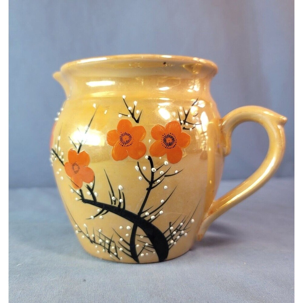 Iridescent Lusterware Pitcher Creamer Cherry Blossoms Hand Painted Japan Decor